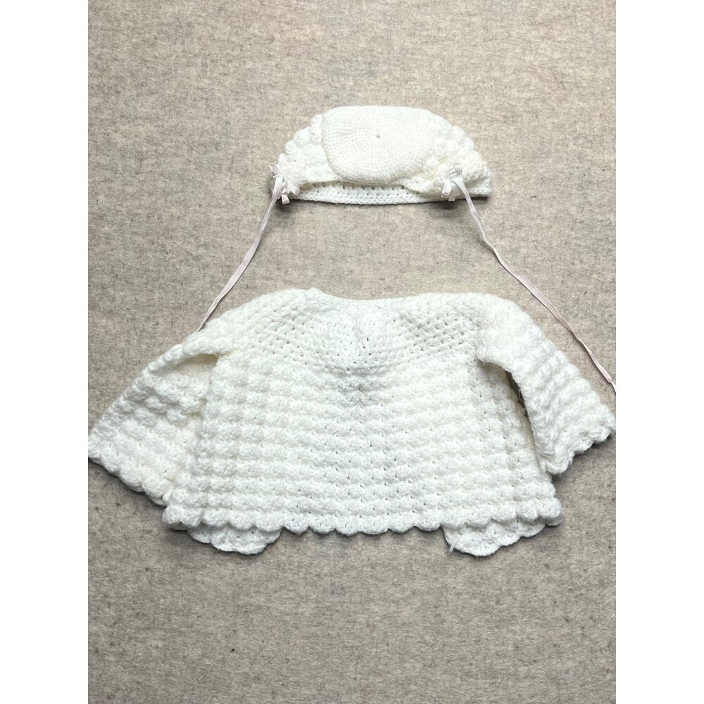 Vintage Handmade White Newborn Knit Cardigan Hat Infant Sweater Bonnet Cap Set - Picture 4 of 5